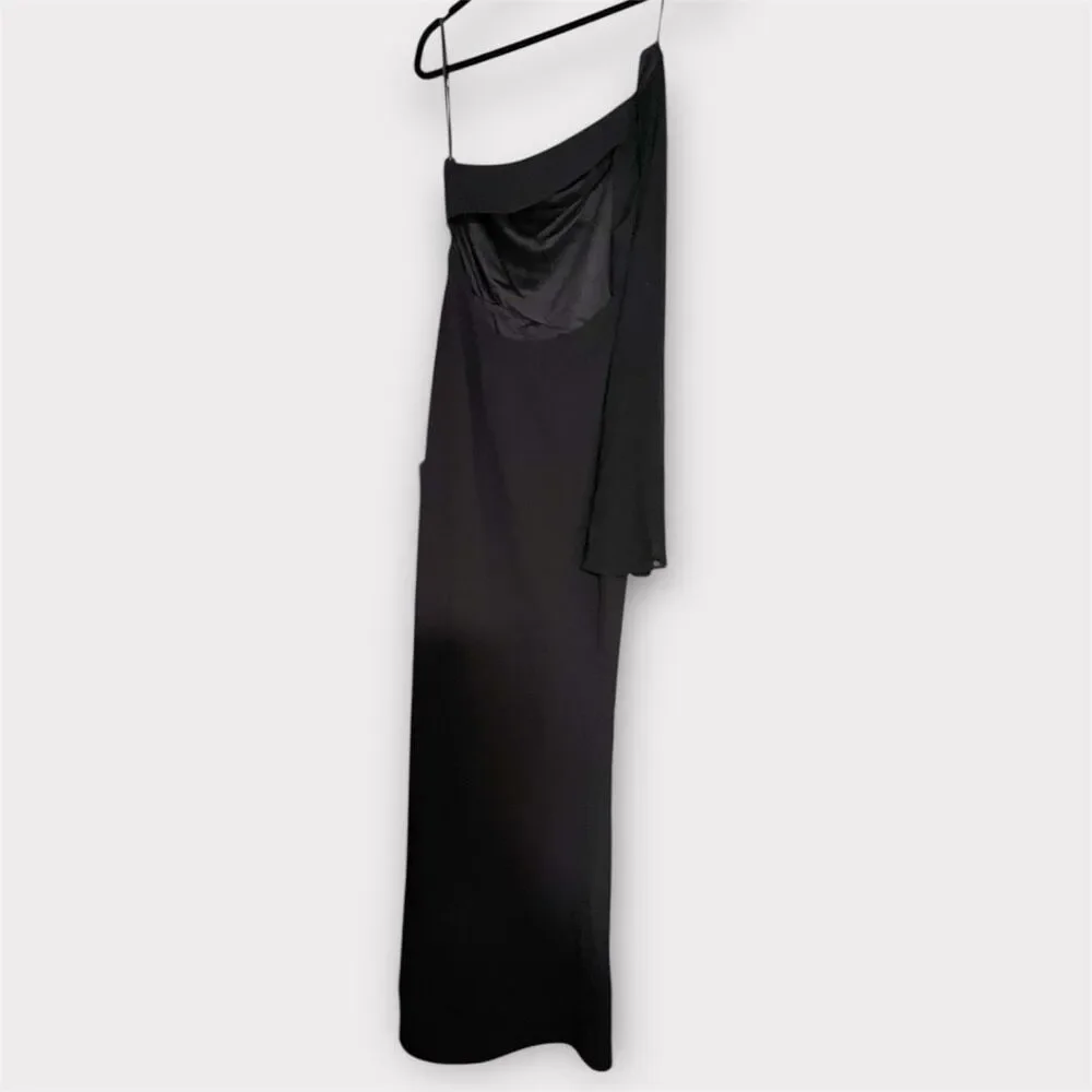 Lulus Majestic Attitude Black Cape Sleeve One-Shoulder Maxi Dress Size L NWT - Picture 6 of 9
